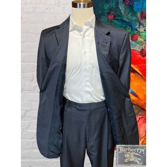 Vintage Burberry Suit 43L 36x32 Slate Blue Plaid Super 100s Designer Luxury - Picture 7 of 16
